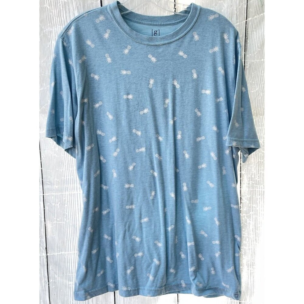 George Mens L 42-44 Short Sleeve Blue Shirt White Pineapples